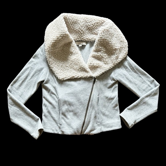 LOFT Ann Taylor Gray Moto Style Jacket Asymmetrical Zip Women’s XS Sherpa S544 - Picture 1 of 12